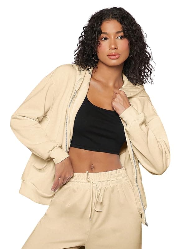Imsa Moda Women's Polycotton Fleece Plain Hooded Neck Full Zipper Winter Jacket Sweatshirts Casual Hoodie with Kangaroo Pocket Beige