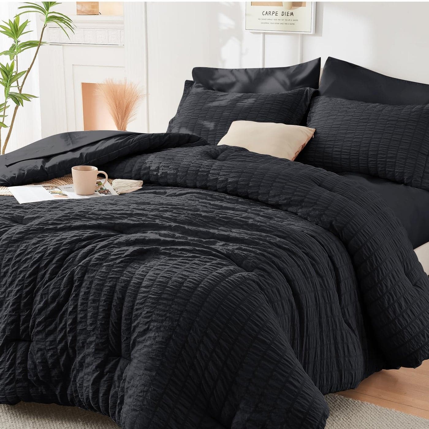 HYMOKEGE Black Full Size Comforter Sets Seersucker 7 Pieces All Season Luxury Bed in a Bag for Bedroom Bedding Set with Comforters Sheets Pillowcases Shams