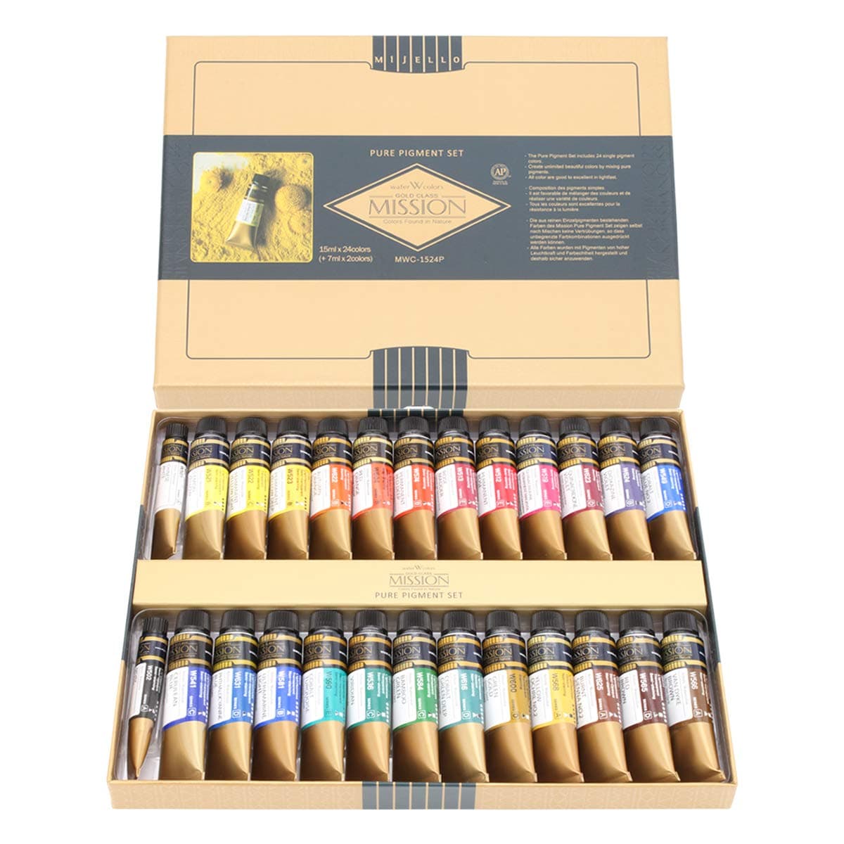 Mijello Mission Gold Class Pure Pigment Watercolor MWC1524P 15ml x 24 Colors 7 Milliliter x 2ea