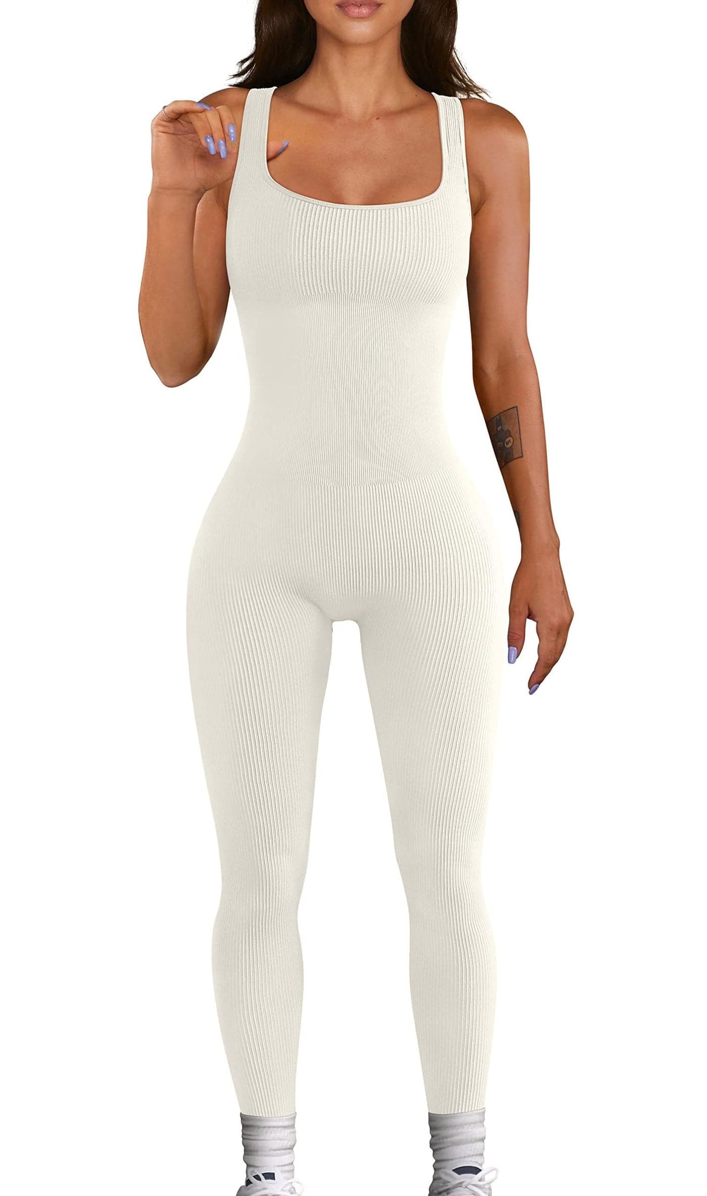 YIOIOIO Women Workout Seamless Jumpsuit Yoga Ribbed Bodycon One Piece Square Neck Leggings Romper