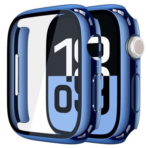 Misxi 2 Pack Tempered Glass Case Compatible for Apple Watch Series 11 (2025) Series 10 42mm, Hard PC Screen Protector Overall Protection Scratch-Resistant Cover for iWatch, 1 Blue + 1 Transparent