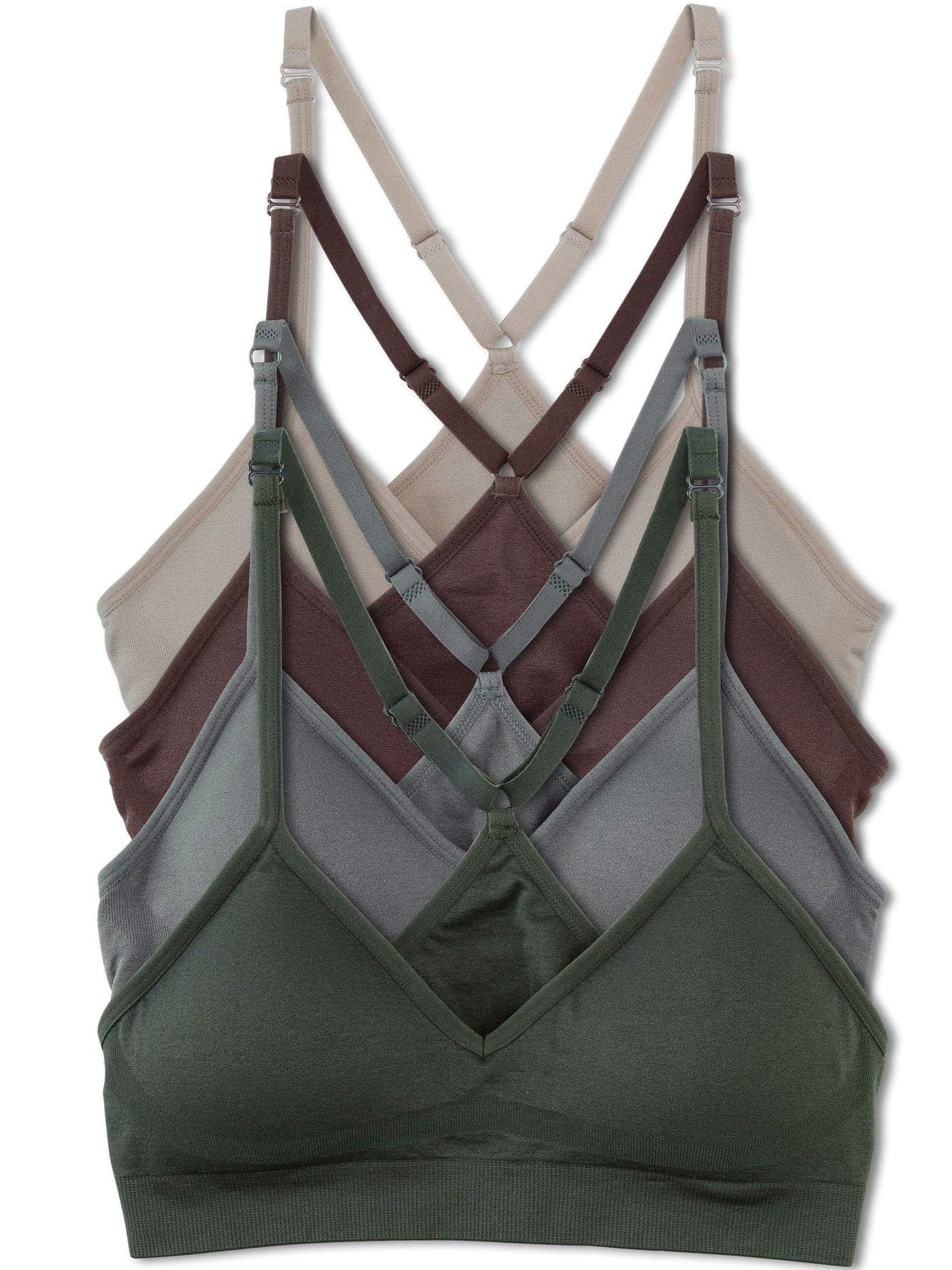 Kalon Womens 4 Pack Racerback Sports Bralette Seamless Wireless Comfort Bra Large Earth
