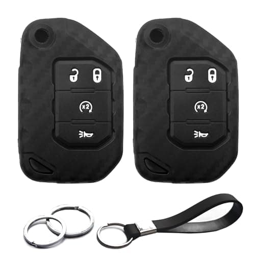 INFIPAR 2pcs Compatible with Jeep Wrangler JL Gladiator JT Wagoneer Flip 4 Buttons Carbon Fiber Looks Key Fob Cover Case Key Chain Protector Keyless Remote Holder