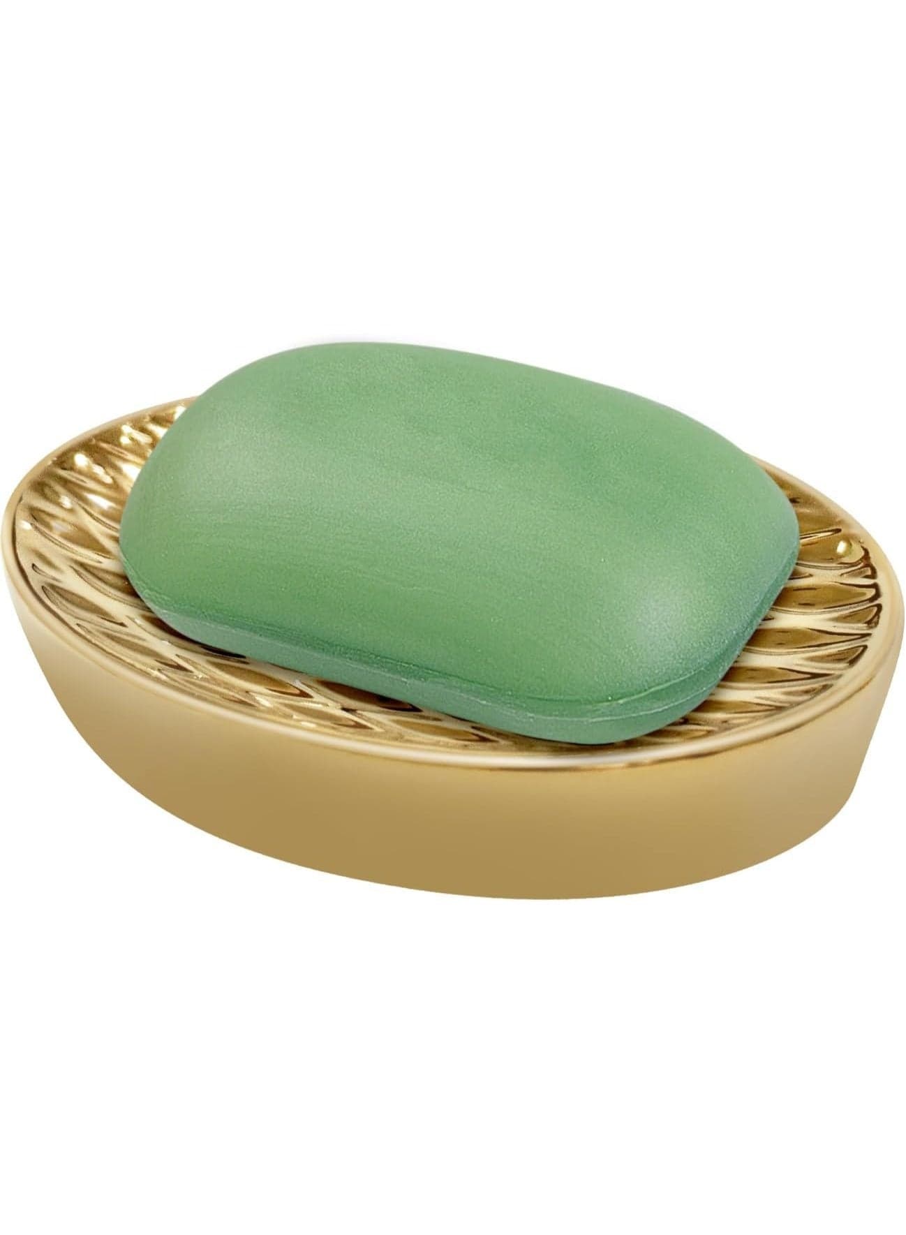 Ceramic Soap Dish, Oval Shower Soap Tray, Decorative Grid Texture Grooves Sponge Holder, Easy to Clean Soap Saver Plate for Bathroom, Kitchen Sink, Hotels Restaurants (Gold)