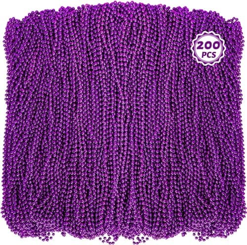 Huskein 200 Pack Mardi Gras Beads 33 Purple Bead Necklace Mardi Gras Costume Accessories Bulk Parade Throws for Carnival Pirate Christmas Wedding Birthday Baby Shower Party Supplies Favors Decor