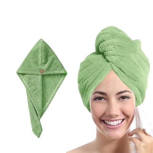 MAXOSHINE Hair Towel Wrap for Women-Quick Drying Microfiber Towel for Hair with Elastic Loop for Tying-Super Absorbent Head Towels Wrap for Ladies Hair Turban (Pack of 1 Olive Green)