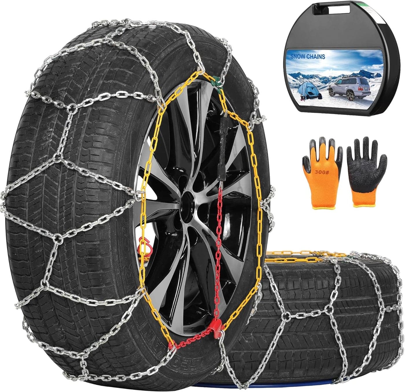 COCO BIRD Snow Chains - Wear-Resistant High Carbon Steel Anti Slip Tire Chain for Passenger Cars, Pickups, and SUVs, Set of 2 (KN140)