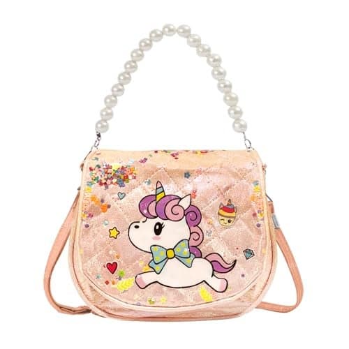 FunBlast Unicorn Sling Bag for Girls, Fashion Cute Hand Bag for Girls Shoulder Bag Stylish Latest Gifts for Kids Age 5-10 Purse for Girl, Cross Body Bag for Woman (Print May Vary) (Rose Gold)