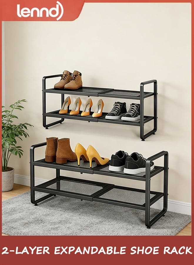 Shoe Rack - Expandable Shoe Organizer for Closet, Adjustable Metal Shoe Shelf Storage, Stackable Long Shoe Stand Holder for Garage, Entryway, Door Entrance (Black, 2-Tier)