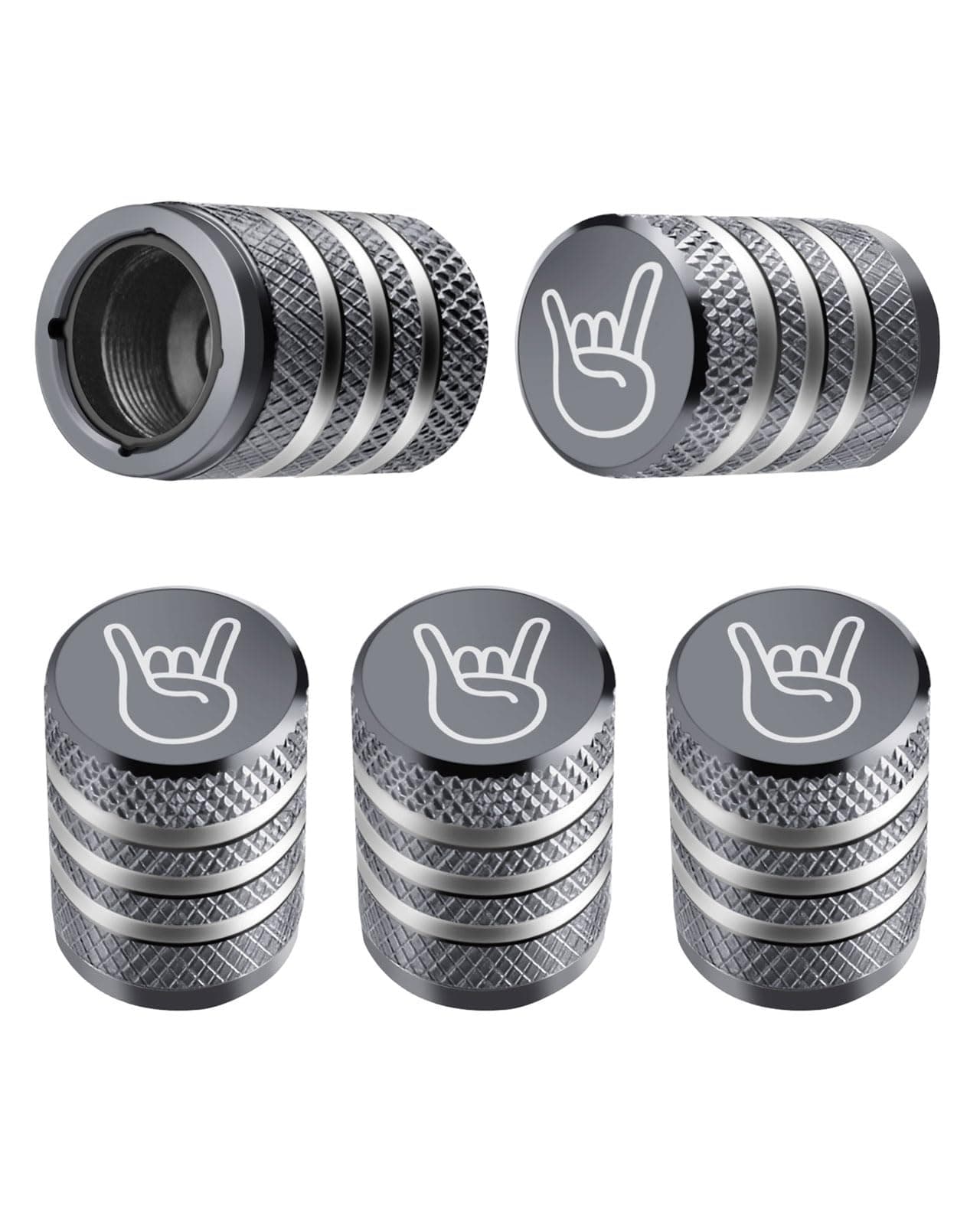 Tire Valve Stem Cap Cover 5 Pack Tire Air Cap Metal with Plastic Liner Corrosion Resistant LeakProof Rock and Roll for Car Truck Motorcycle Bike Grey