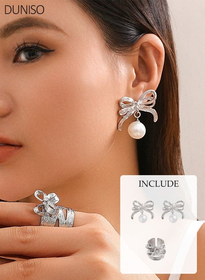 Elegant Women's Fine Jewelry Set,Pearl Bow Earrings and Bow Ring for Women, Trendy Stuff Pearl Drop Dangle Earrings , Ribbon Waterfall Dangling Earrings, Sparkly Elegant Bowknot Preppy Jewelry ,Wedding Party Daily Jewelry Accessory Gift