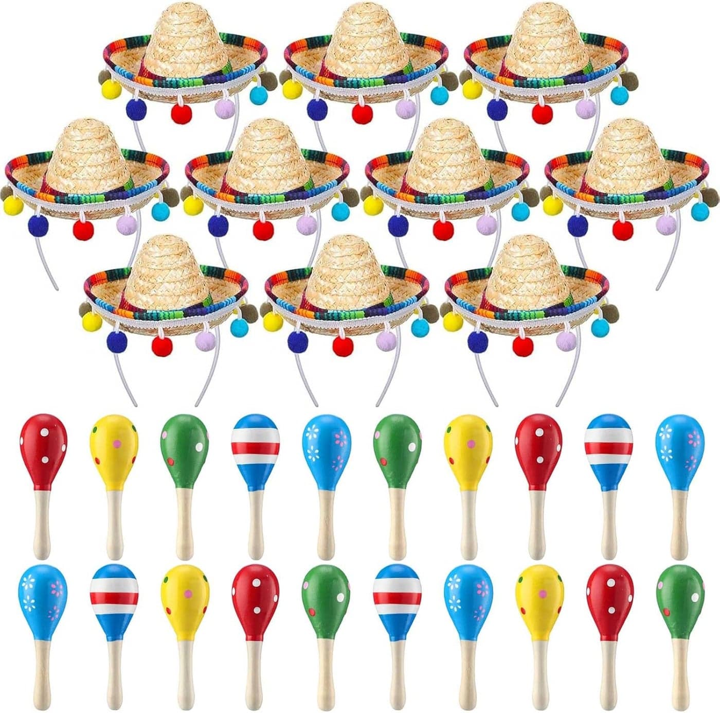 Jexine 30 Pcs Mini Sombrero Fiesta Hats Wooden Fiesta Maracas Set with 10 Mexican Sombrero Headbands 20 Pcs 43 Inch Wooden Fiesta Maracas Mini Sombrero Hats Straw Mexican Sombrero for Kids Dolls
