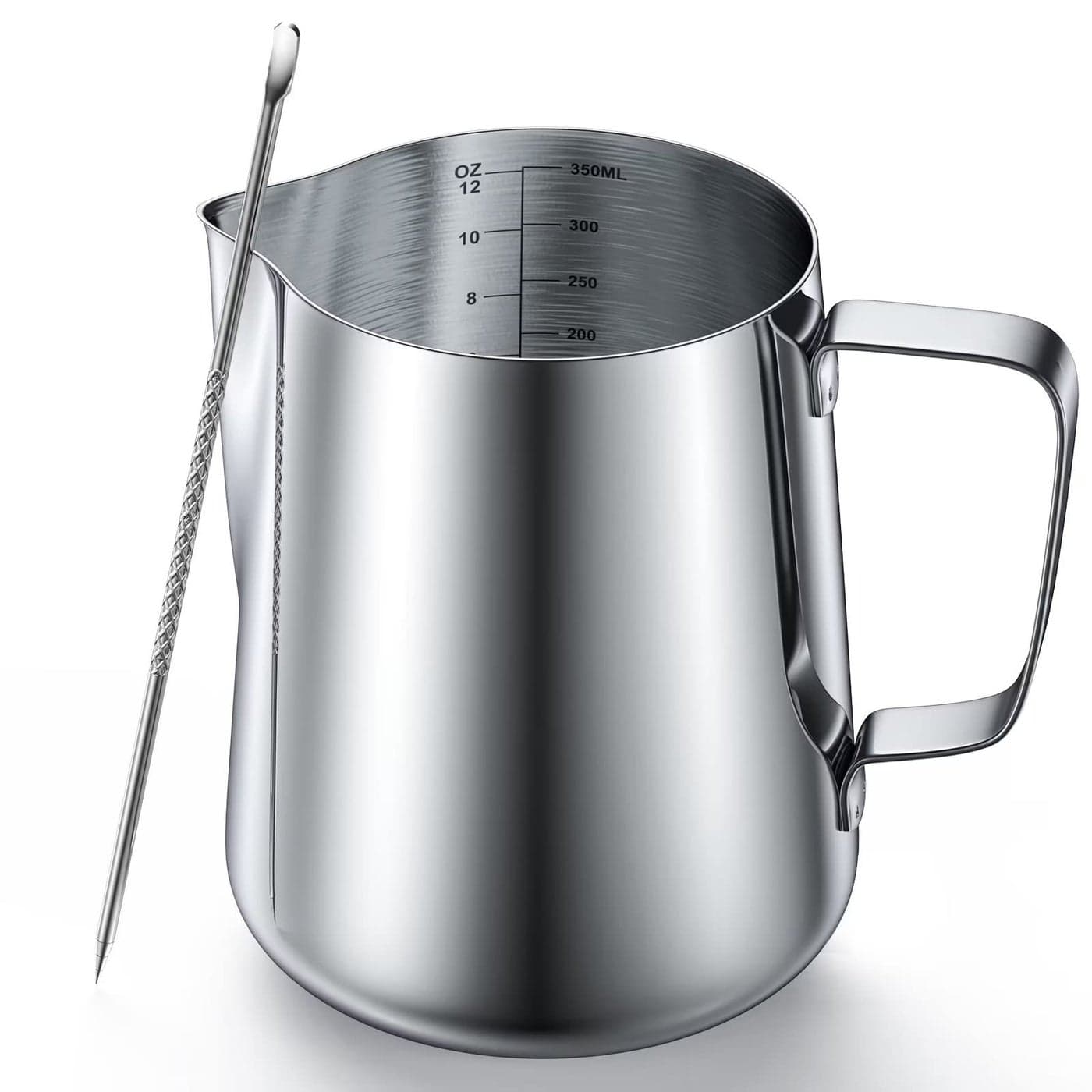 12 Ounces Stainless Steel Milk Frothing Pitcher Measurements on Both Sides Espresso Machine Accessories Latte Art Cup with Insulated Handle Creamer Pitcher for SingleServe Nodrip or Spillage