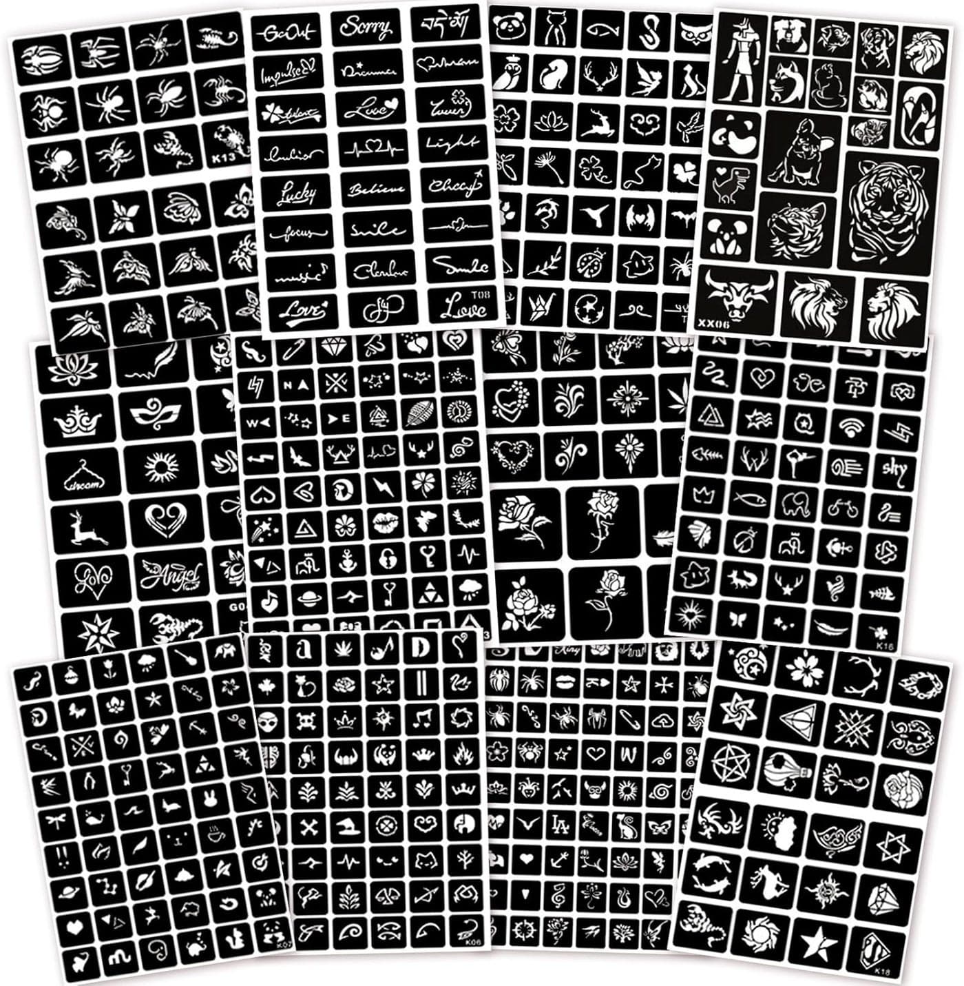 423pcs Temporary Tattoo Stencils 12 Sheets DIY Art Kit for Women Girls Kids Boys Face Body Paint Reusable Glitter Tattoo Stencils Pack