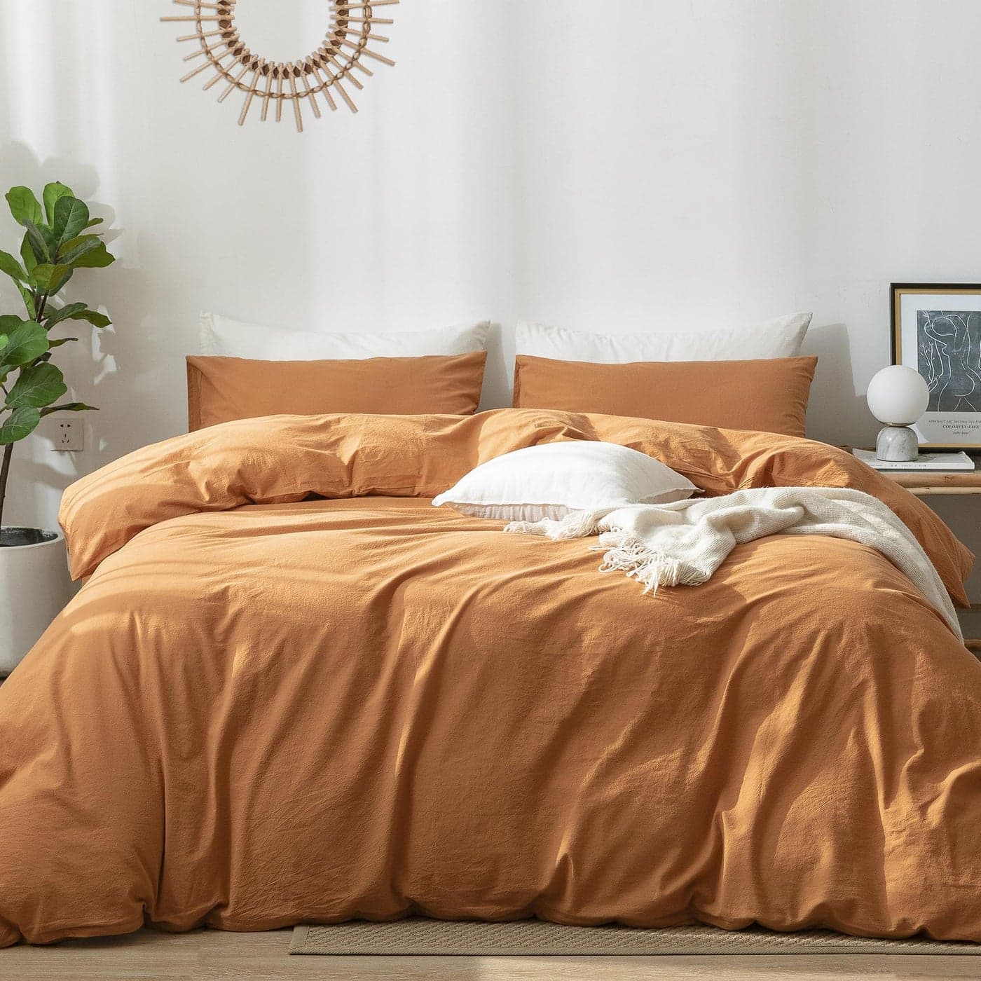 MooMee Bedding Duvet Cover Set 100 Washed Cotton Linen Like Textured Breathable Durable Soft Comfy Solid Burnt Orange King 104x90