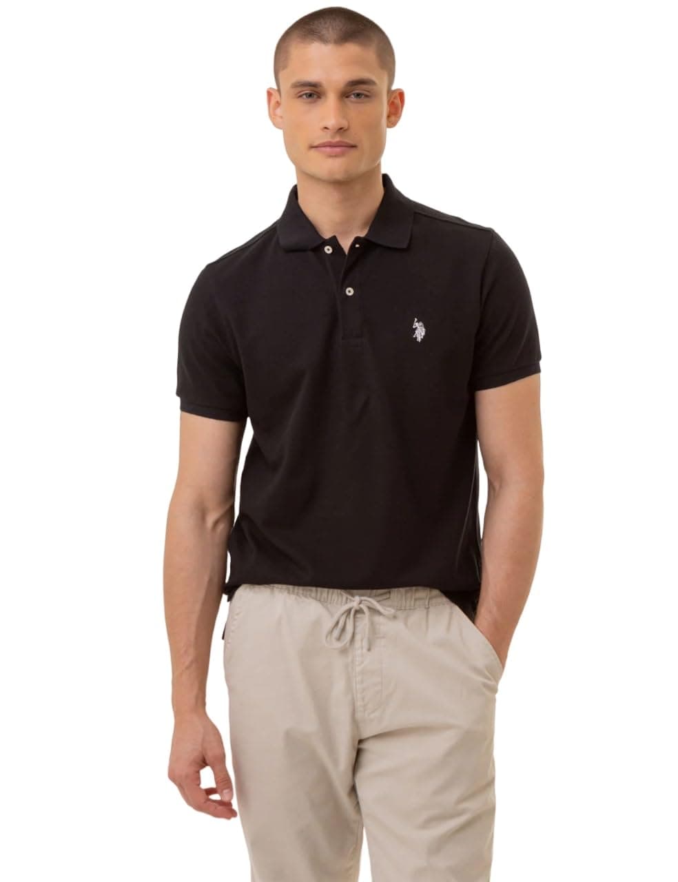 U.S. Polo Assn. Men's Slim Fit Solid Pique Polo Shirt, Two Button Casual Athletic Golf Polo Shirt for Men, Black/White, X-Large