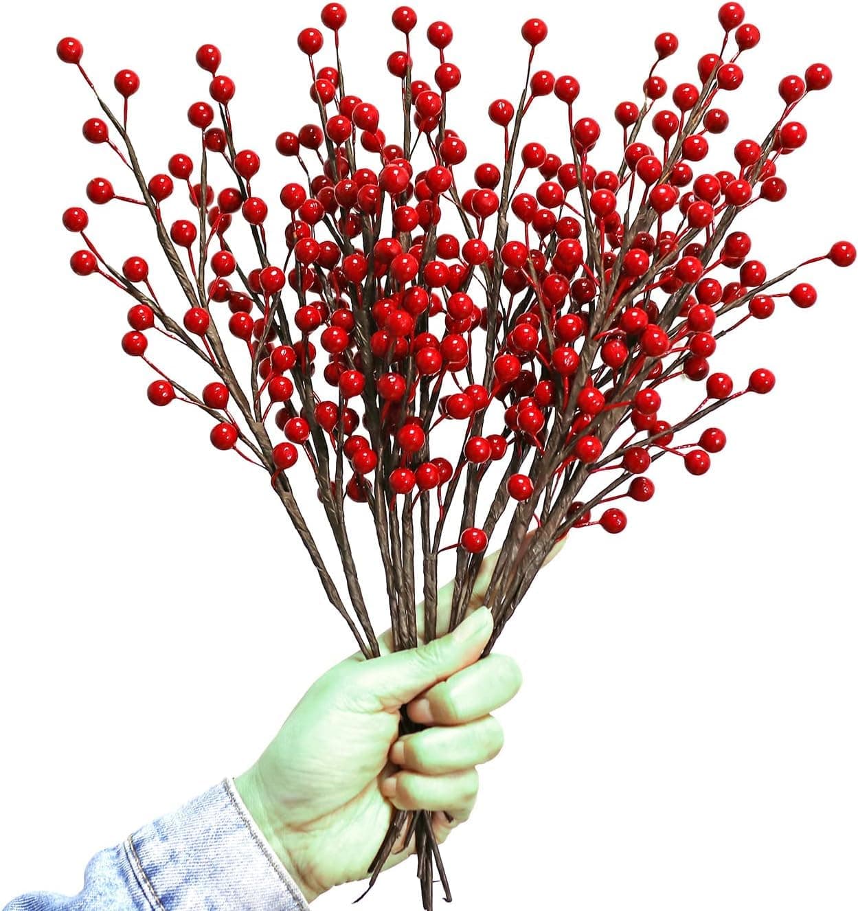 CURATED CART 4PCS Artificial Red Berries Stems 18 Inch - Waterproof Burgundy Holly Berry Picks for Christmas Tree, Wreath, DIY Crafts, Floral Arrangements, Holiday, Wedding & Winter Home Decor (4)