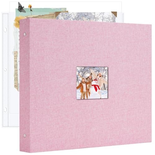 Hiwhy 12x12 Inch Large 3 Ring DIY Scrapbook Photo Album, Linen Cover Scrapbook with 20 Sheets Plastic Sleeves 40 Pages Memory Book for Wedding Birthday Baby Family (Pink)