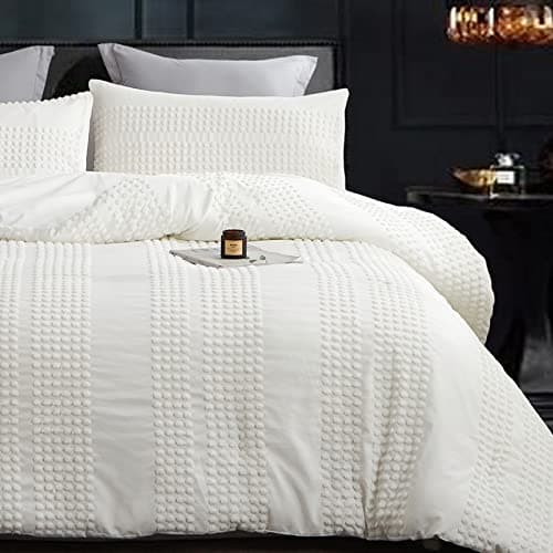 Cupocupa King Size Comforter SetWhite Comforter Boho Tufted Lightweight Bedding Sets 3PCS Pom Pom Comforter Soft Jacquard with 2 Pillow Cases for All Season