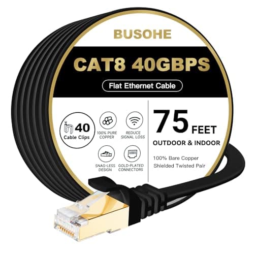 BUSOHE Cat 8 Ethernet Cable 75 FT, 40Gbps 2000MHz Cat8 High Speed Flat Internet Network Patch Cord, SFTP Shielded LAN Wire with Gold Plated RJ45 Connector, with Clips, Outdoor Indoor- 75FT Black