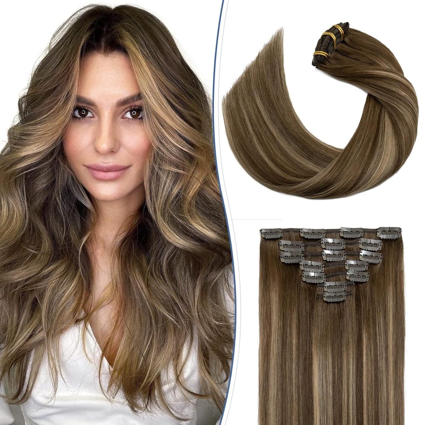 Clip in Hair Extensions Real Human Hair Snoilite 4T4P27 Chocolate Brown to Caramel Blonde Double Weft hair extensions 14 Inch Clip in Real Human Hair for Women Balayage Straight 7PCS 125g
