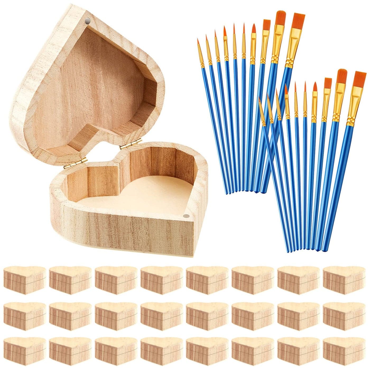 Taiyin Unfinished graduation Heart Box Unpainted Wooden Treasure Chest with Art Brushes Wood Heart Shaped Natural Pine Box with Hinged Lid for DIY Craft Making Storage Jewelry12 Pcs
