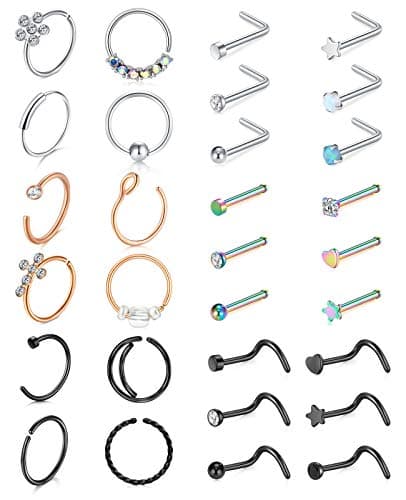 Mayhoop 20g Nose Rings Hoops And Studs For Women Men - Hypoallergenic 316L Surgical Stainless Steel L Shape Nose Screw Bone Silver Rose Gold Black Rainbow Pack 28Pcs