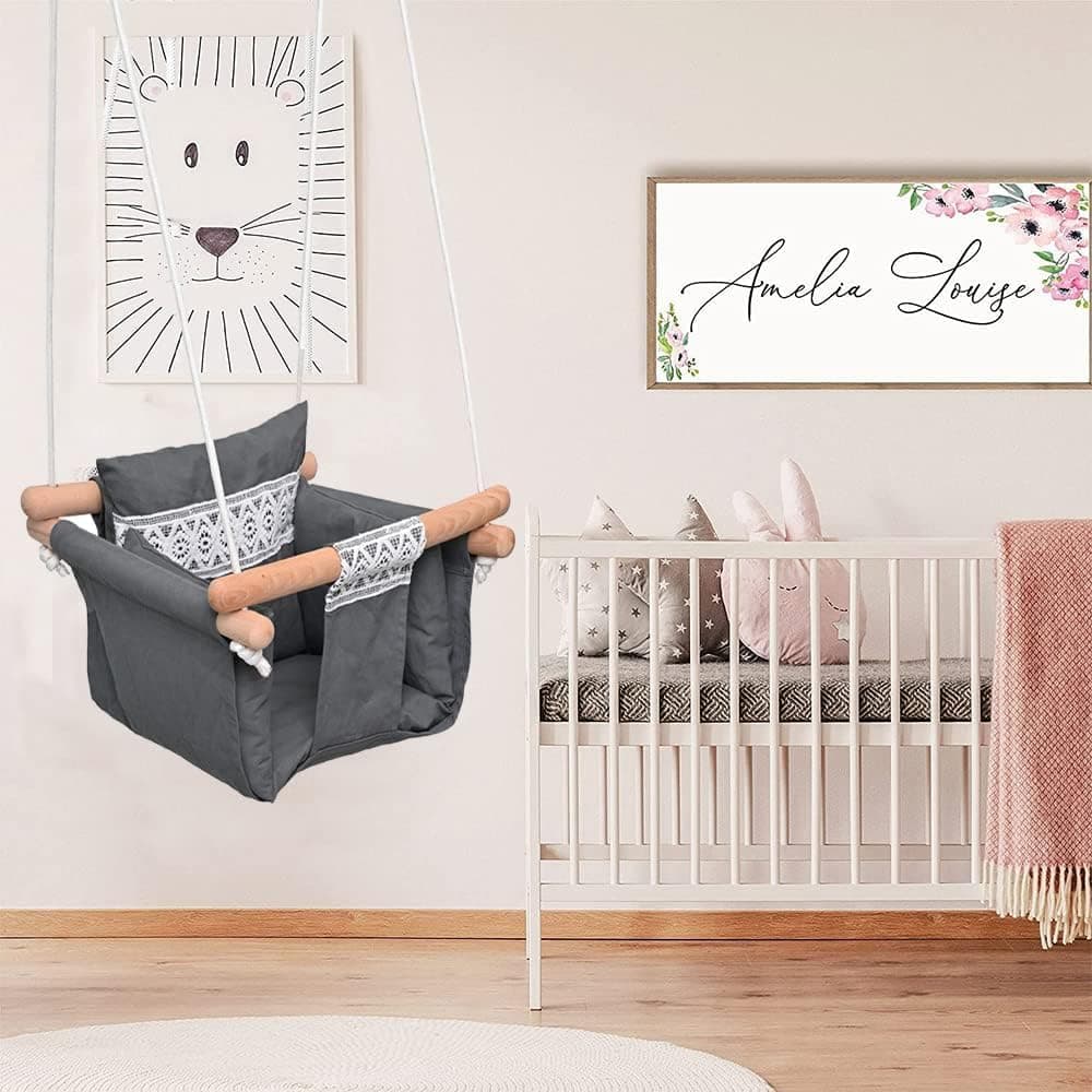 Brikipth Wooden Baby Swing Toddler Swing Childrens Swing Indoor Baby Swing Secure Baby Swing Seat with Safety Belt Baby Canvas and Wooden Swing Chair Hanging Indoor Swing for Infants