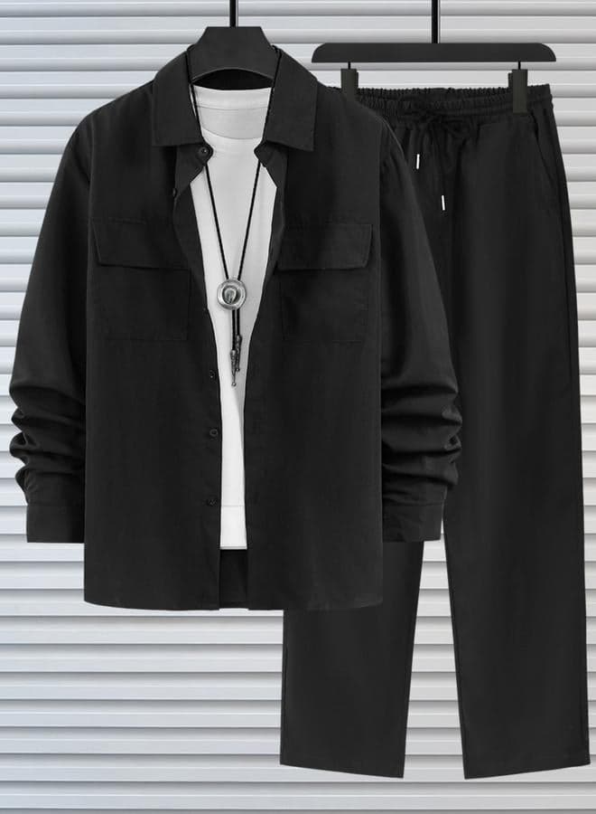 Men Black Casual Shirt and Drawstring Pants Co-ords