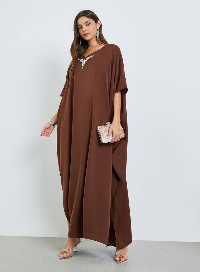 Brown Embellished Loose Kaftan