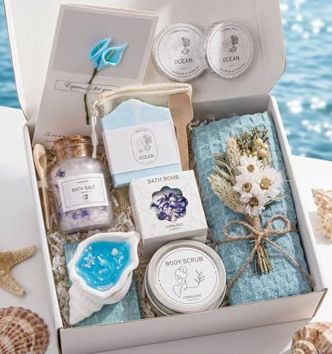 Coralogo Ocean Spa Gifts for Women 11pc Selfcare Spa Gift Basket with Scented Candle Bath Salt Greeting Card Thinking of You Basket for Her Birthday Christmas Mothers Day Valentines Day