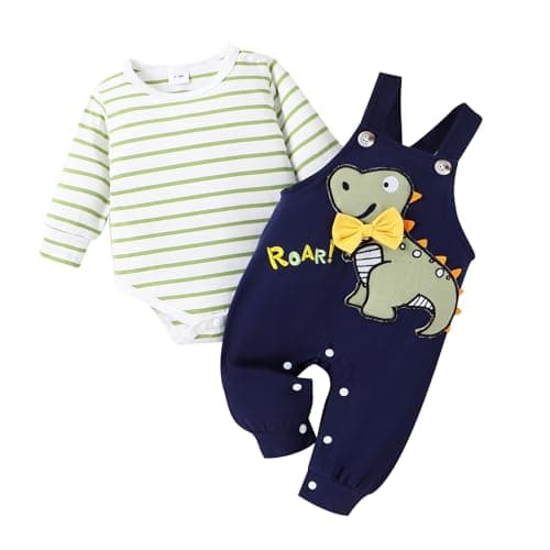 TOKIAGO 9-12 Month Boy Clothes Fall Winter Baby Outfits Green Striped Romper Infant Cute Dinosaur Overall Adjustable Suspender Pants Set 9-12 Months