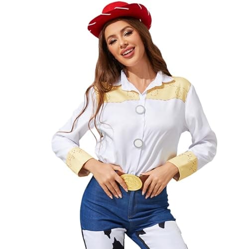 PAINEOMN Jessie Costume Shirt Cowgirls Halloween Long Sleeve Top Button Down Shirts for Women 2XL