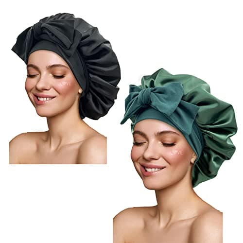 Satin Bonnet Silk Bonnet Hair Bonnet for Sleeping Large Bonnets with Tie Band Wrap with Adjustable Straps Cap Night Sleep Caps for Women Curly Braid HairBlackHunter Green