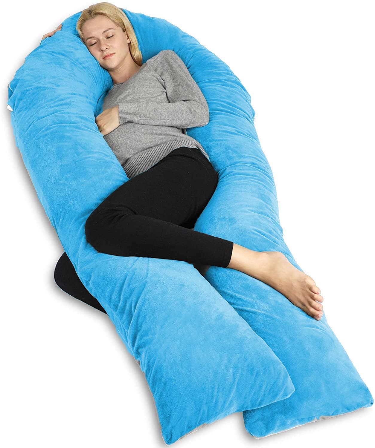 PUM PUM Pregnancy Pillow with Velvet Cover, U-Shape Full Body Pillow, Maternity Support Pillow, Cushion & Pillow for Pregnant Women,SkyBlue