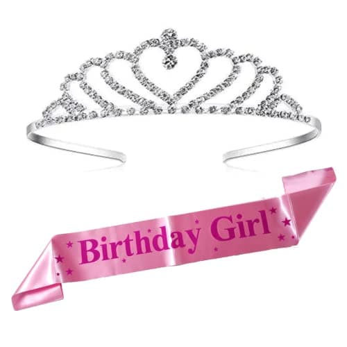 CURATED CART Birthday Tiara Crown with Sash for Women, Headband Hair Accessories for Wedding Party Costume Pink - 2PCS Combo