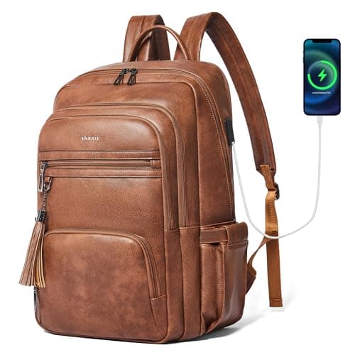 Shrrie 17 Inch Laptop Backpack for Women,Vegan Leather Backpack Purse,28L Work Business College Travel Computer Backpacks with Pouch Pocket for Large Capacity Cup & USB Charger,Caramel Brown