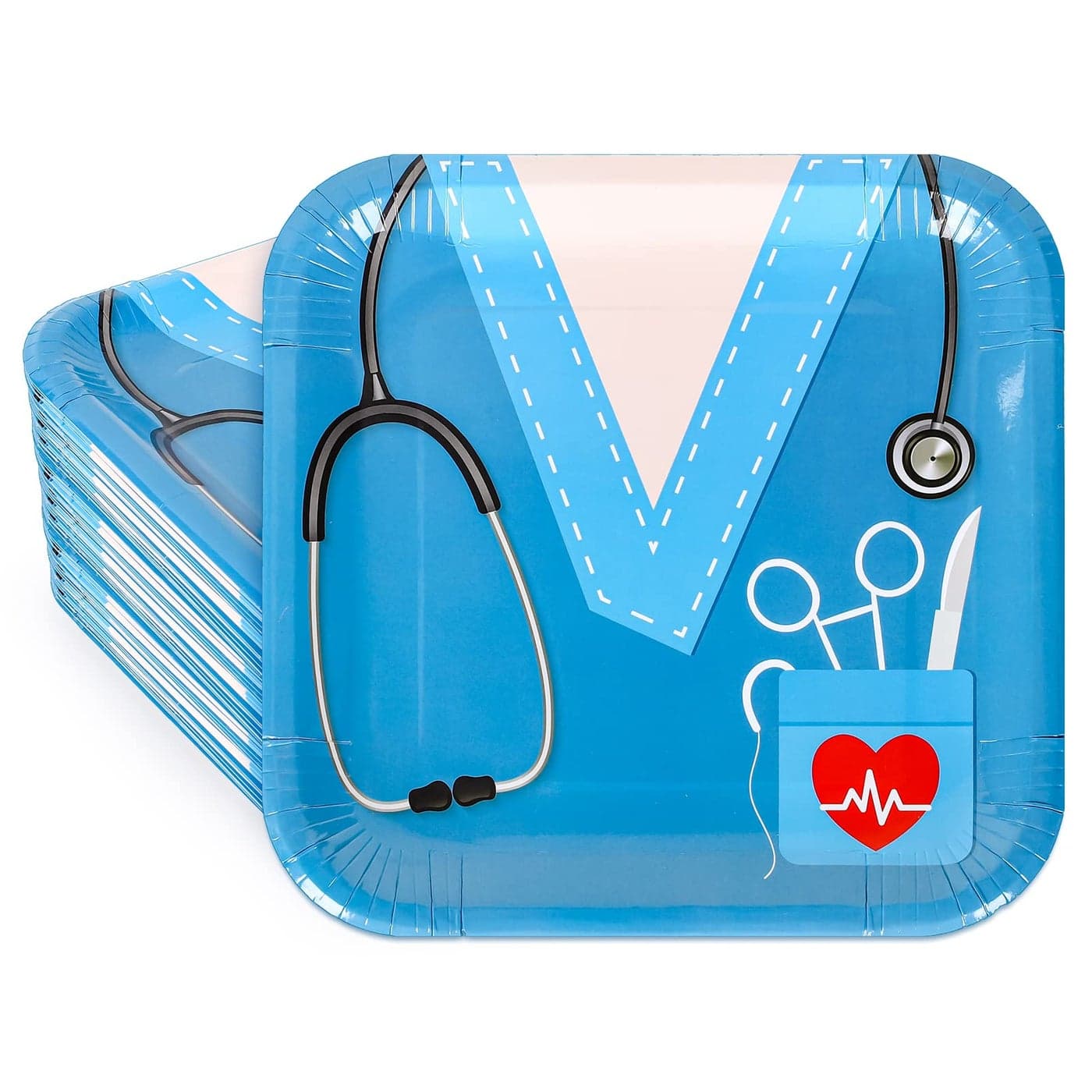 Whaline 40Pcs 2025 Nurse Graduation Paper Square Plates Disposable Plates With Doctor Uniform Stethoscope Pattern Blue White Tableware for Nurse Doctor Grad Party Table Decorations 93 x 93Inch