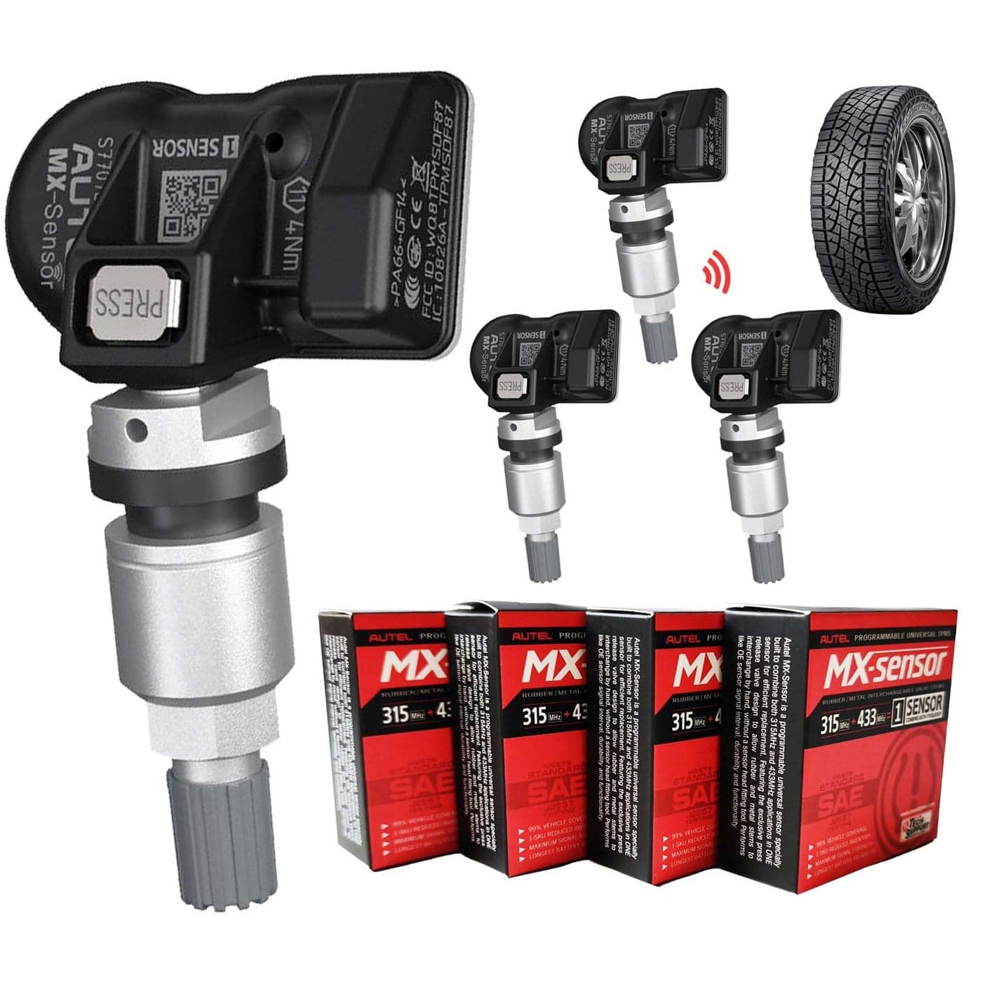Autel TPMS Sensors Set of 4 Programmable Mx Sensor for Tire Pressure315MHz 433MHz Pressin OELevelMetal valves Programmed by TS408S TS508WF TS601 TS900 MS906TS ITS600