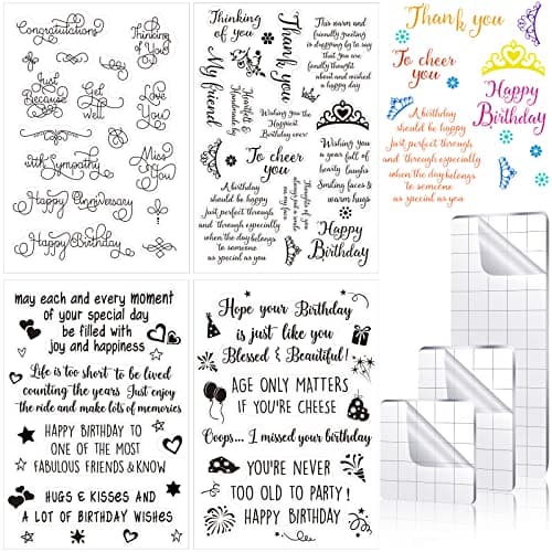 Pajean 4 Sheets Sentiments Rubber Clear Stamps Set for Birthday Card Making and 3 Pcs Acrylic Stamp Block Tools with Grid Lines Happy Birthday, Books Stamps Craft Supplies for DIY Scrapbooking