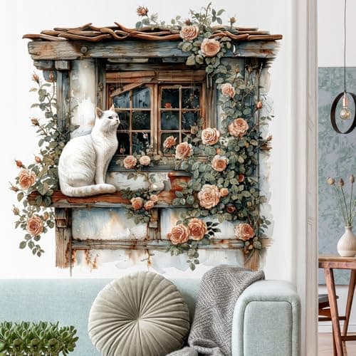 RAINBOW WSK Flower Fake Window Wall Sticker Cute Cat Floral Wall Decals Peel and Stick Vintage Peony Rose Faux Window Decor Kawaii Kitten Decal for Kids Girls Room Bedroom Living Room ZDB30