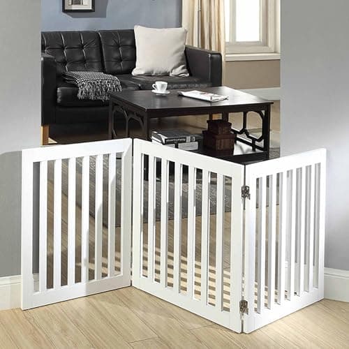 TANSH CRAFTS® Freestanding Wooden Pet Gate for Dogs & Pets – Foldable 3-Panel Dog Safety Barrier for Doorways, Hallways & Stairs – Indoor Puppy Fence & Room Divider, Grey (White, 3 Panel)