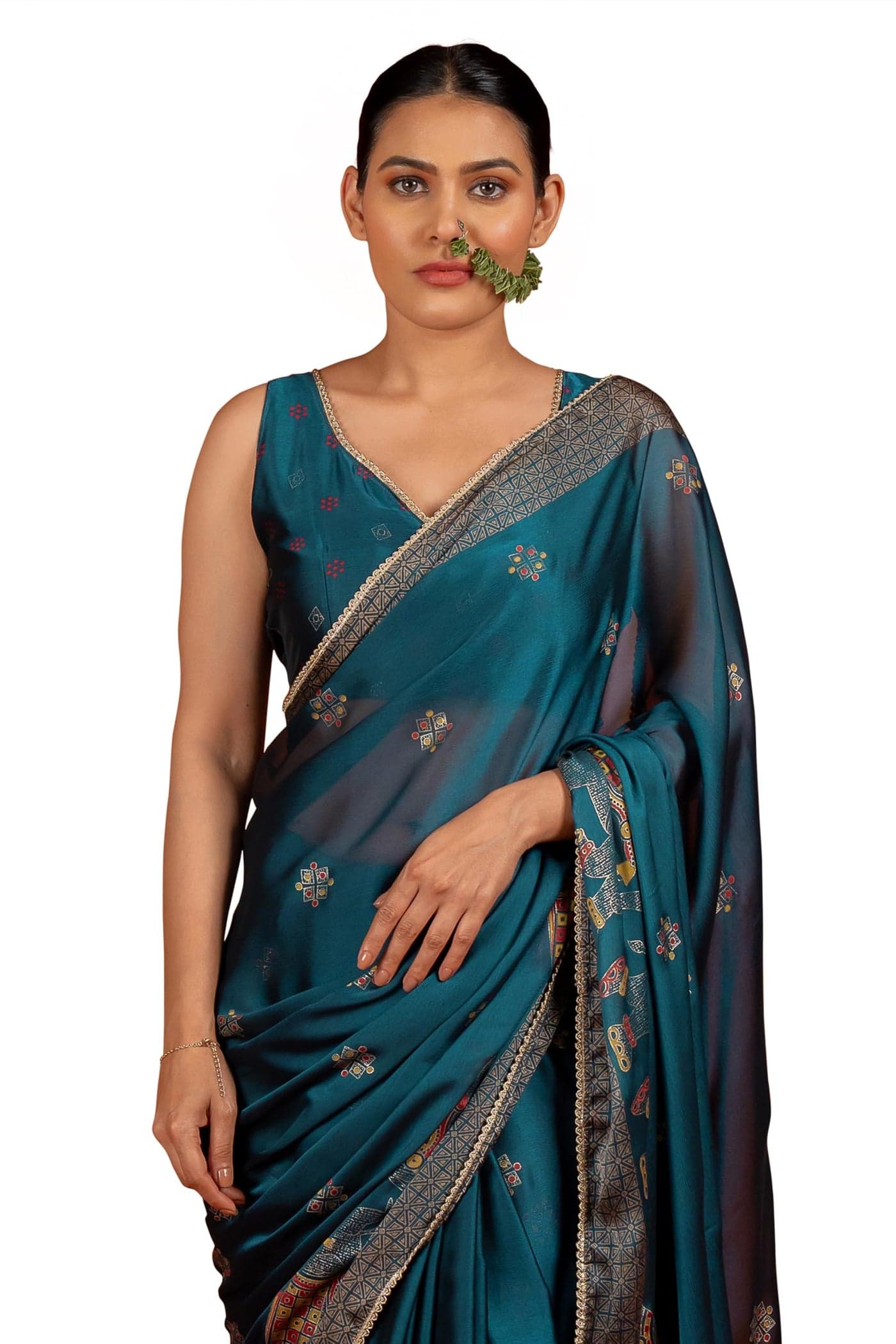 MIRCHI FASHION Women's Chiffon Foil Work Animal Printed Saree with Blouse Piece (44451 - Dark Turquoise, Multicolor)