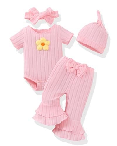 Renotemy Newborn Infant Baby Girl Clothes 0-3 Months Baby Girl Summer Outfit Infant Short Sleeve Romper Coming Home Newborn Essentials Outfits Gifts Light Pink Bodysuit Bell Bottom Pants Clothing Set