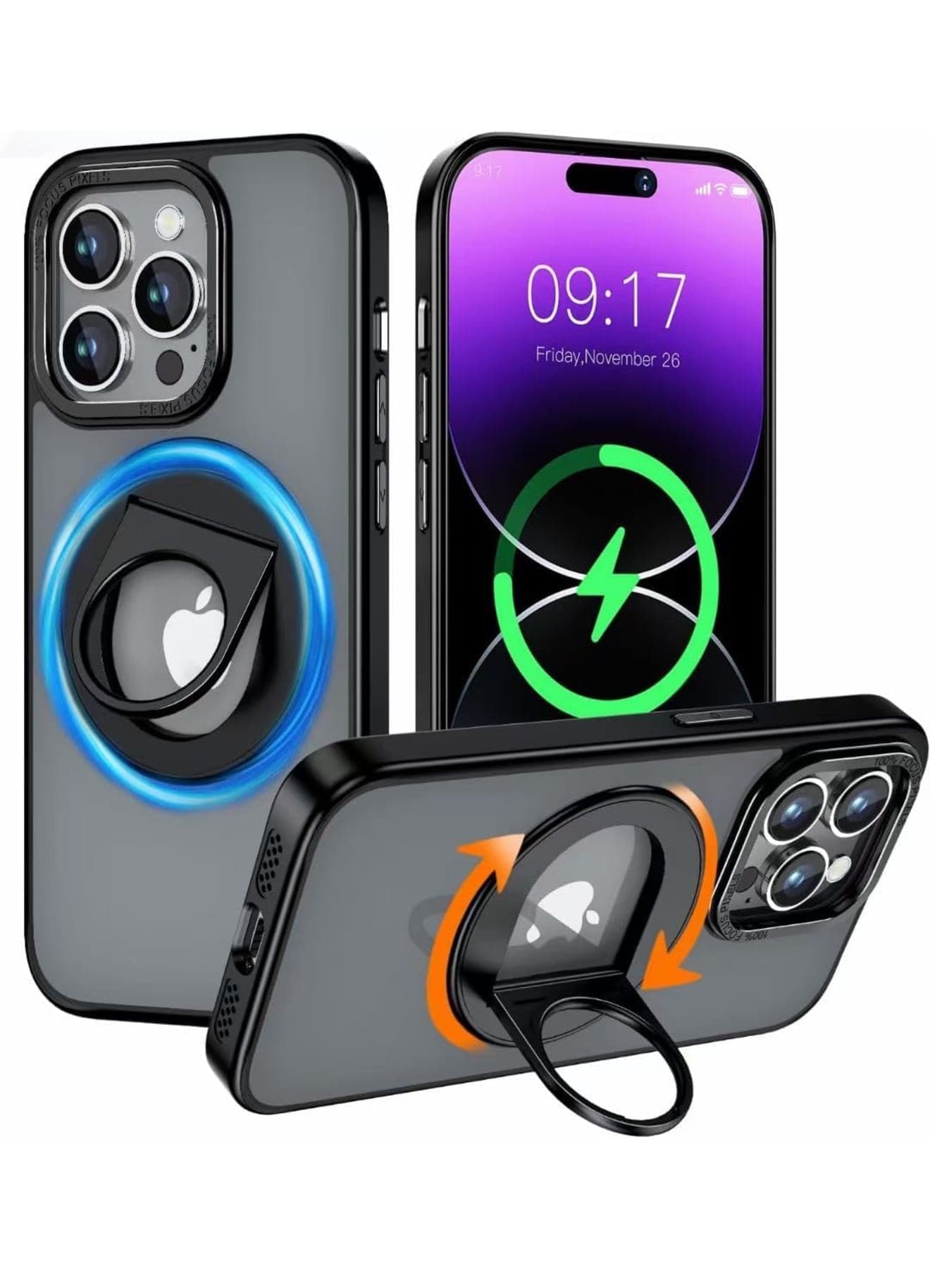 Case for iPhone 15 Pro Max for Mgsafe with 360° Rotatable Adjustable Horizontal and Vertical Ring Holder, Anti-Fingerprint, Anti-Drop, Military Shock Protection for iPhone 15 Pro Max 6.7 (Black)