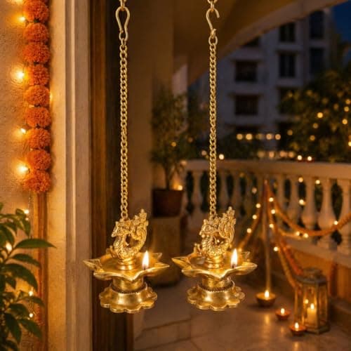 Kartique Brass Wall Hanging Diya (3 x 3 x 16 inches, Gold) Peacock Oil Lamp for Home Mandir Entrance Diya Pair( 2 Pcs ) Small Size