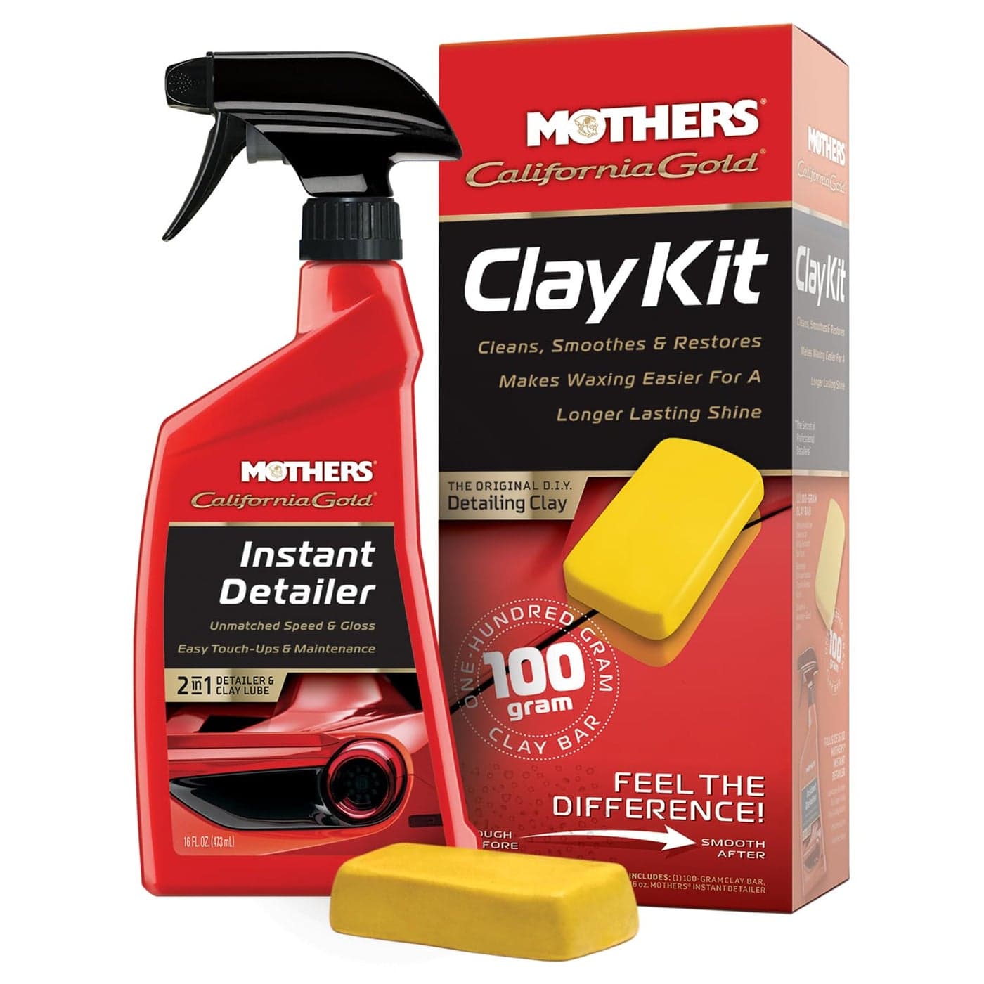 Mothers California Gold Clay Kit 1 100gram Clay Bar 16 oz Instant Detailer Removes Contaminants Restores Brilliance Smoothness of Paint Chrome Glass Plastics 07241