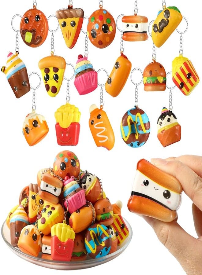 16 Pcs Squeeze toy Small Foam Squishies Hamburger Popcorn Taco Ice Cream Pizza Smore Kawaii Food Cute Squeeze Squishy Keychain Valentine Day Birthday Party Favors