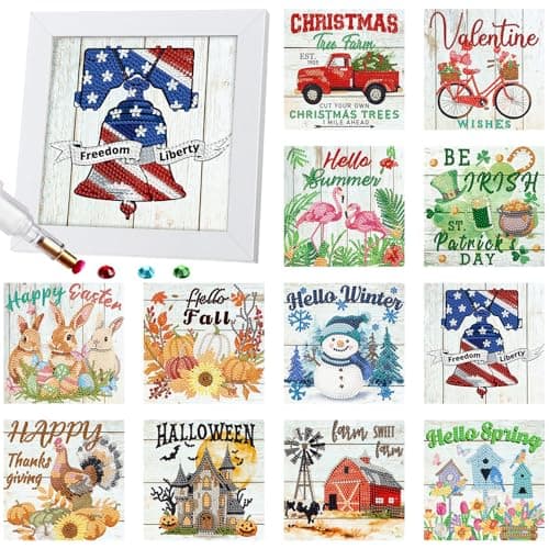 Trandraft 13 Pcs 4th of July Seasonal Diamond Art Kits for Adults 250th Anniversary Favor Interchangeable 5d Small Diamond Art Kits Framed Gem Painting for Summer Holiday Table Decor DIY Craft Gift