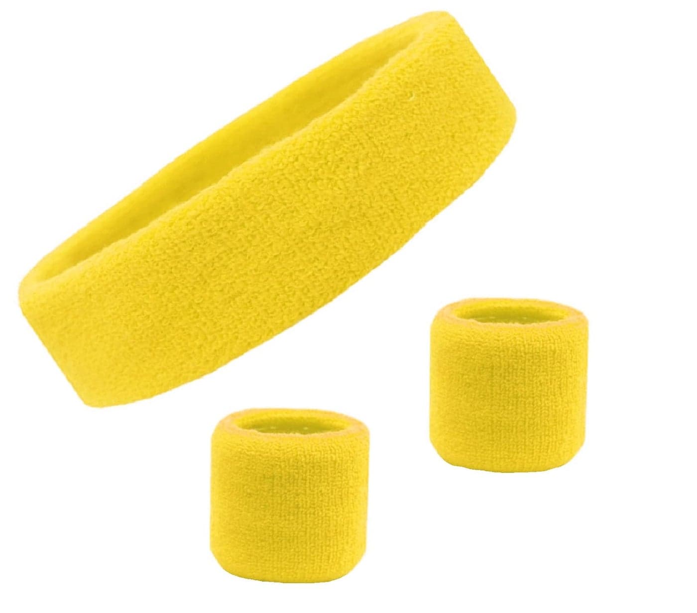 Kenz Laurenz Sweatband Set Cotton Sports Headband Terry Cloth Wristband Moisture Wicking Sweat Absorbing Athletic Exercise Basketball Wrist Sweatbands and Headbands (Yellow) Fits Most